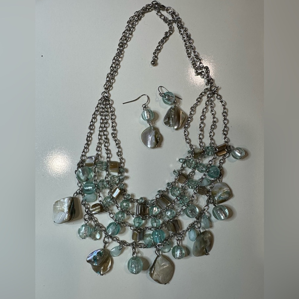 Vintage Necklace And Earrings Set Boho Grey Blister Pearl Statement Bib